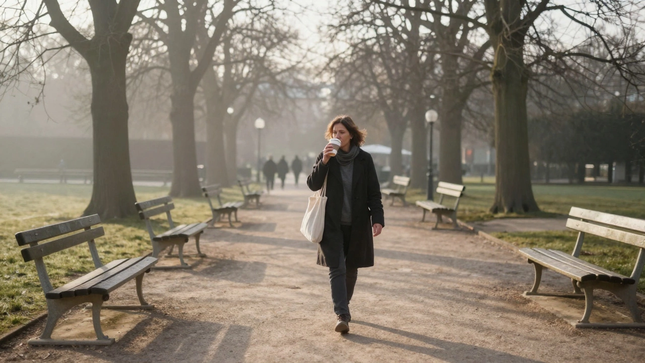 A woman walks alone through Luxembourg Gardens at dawn, holding coffee, surrounded by mist and empty benches.