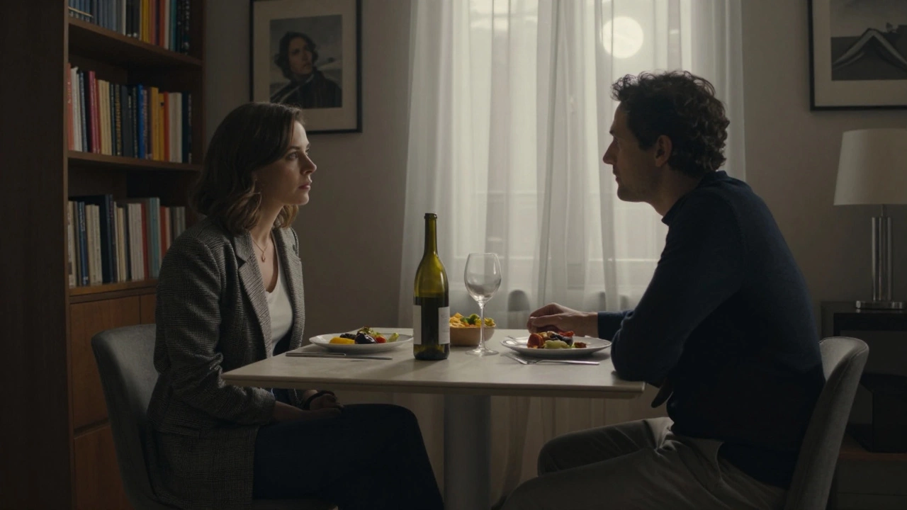 Two people share a quiet dinner in a tasteful apartment, wine and food on the table, natural light through curtains.